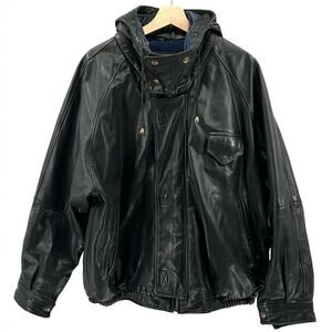 Vintage 90s DAF David Fahren Black Genuine Leather Hooded Bomber Jacket